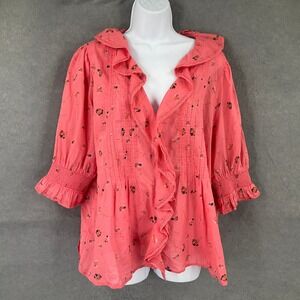 Sundance Top Womens Coral Floral Ruffle Pintuck 3/4 Sleeve Blouse Sz L Romantic